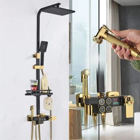 Wall-mounted shower column with shower system with LED digital display, height-adjustable shower set (1/4)