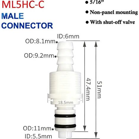 (ML5HC) Raccord de déconnexion rapide pour tuyau, embout cannelé mâle/femelle, vanne, connecteur de tube 1/4, 5/16, 3/8 (1/5)
