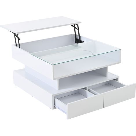 Table basse carrée blanche 80x80x45 cm avec plateau relevable hydraulique, rangement caché, 2 tiroirs et éclairage LED (1/5)