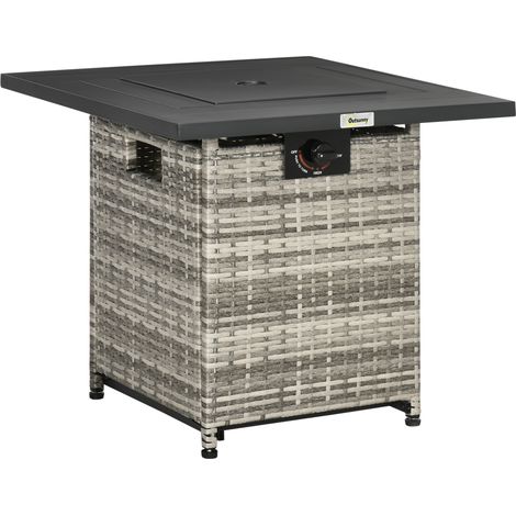 Outdoor PE Rattan Gas Fire Pit Table, Patio Square Propane Heater with Rain Cover, Mesh Lid Lava Stone, 40,000 BTU, Mixed Grey (1/5)
