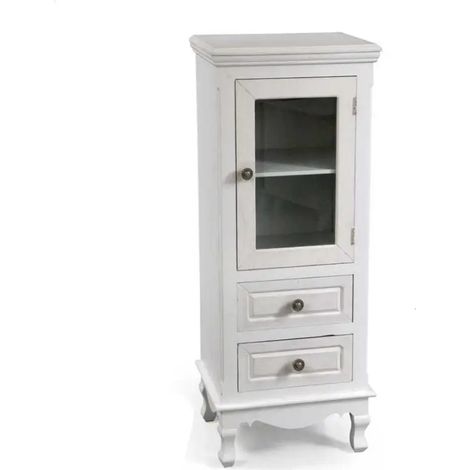 Meuble Perla en bois massif blanc vieilli, 40 x 30 x 100 cm, avec vitrine et 2 tiroirs