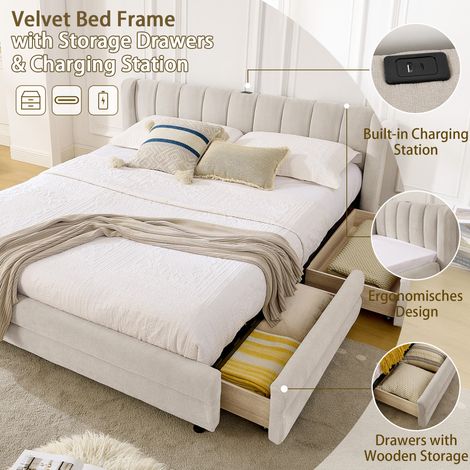 Lit double 160x200 cm beige, canapé-lit avec tiroirs de rangement latéraux, port USB intégré, revêtement en velours doux, conception ergonomique – idéal pour chambre, chambre d’amis ou appartement (sa
