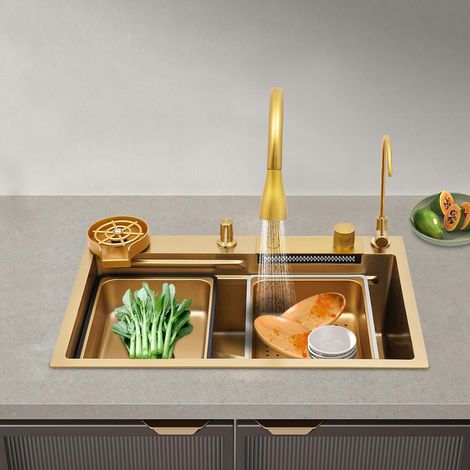 Évier de cuisine cascade en acier inoxydable, 1 bac, multifonction, avec robinet extensible, lave-tasses et kit complet, lavabo cascade pour la cuisine (doré, 68 x 46 x 22 cm) (1/5)