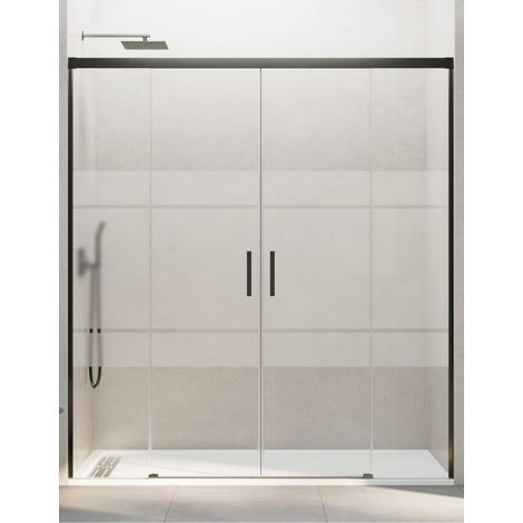 BASIC shower screen with two sliding doors and two fixed panels, 150 cm, Frost screen-printed glass, titanium finish (1/5)