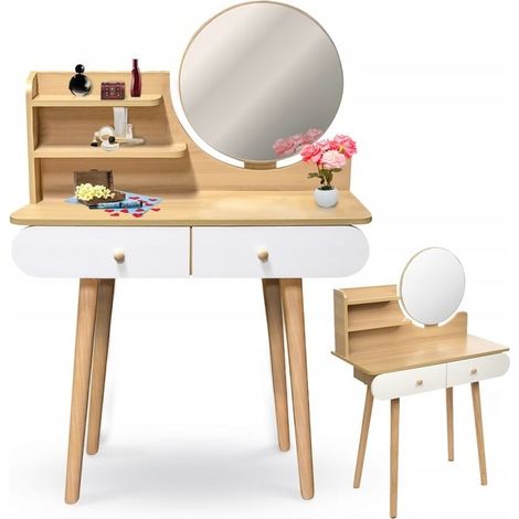 Viking Choice – Coiffeuse moderne en bois avec miroir rond – Dimensions 80x40x122 cm – 2 tiroirs de rangement pratiques – Finition blanche (1/5)