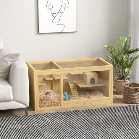 Hamsterkäfig aus Holz 100 x 50 x 50 cm mit herausnehmbarem Boden und aufklappbarem Dach HAVRYA (1/5)