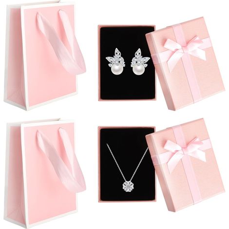 Lot de 2 boîtes à bijoux avec sac cadeau, 9 x 7 x 3 cm, boîte cadeau, avec nœud pour boucles d'oreilles, bagues, colliers, petites boîtes cadeau avec couvercle (rose) (1/5)