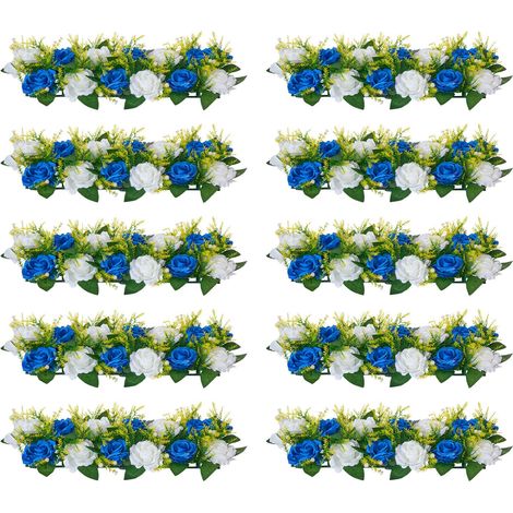 Composition Florale Artificielle Linéaire, Lot de 10, Fleurs Artificielles avec Roses Bleues et Blanches, pour Centre de Table, Mariage, Fête, Saint-Valentin, Décoration d'Intérieur, 50x22x12 cm (1/5)