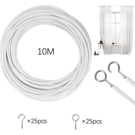 Filiyano – Câble pour rideaux de 10 m - Ensemble de cordon blanc pour rideaux - avec 25 pitons à œil et 25 crochets à vis - pour rideaux (1/5)