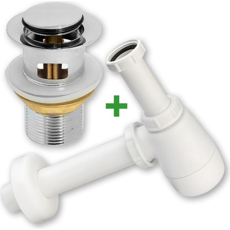 Set: tappo a scatto argentato con troppopieno + sifone per lavabo (1/5)