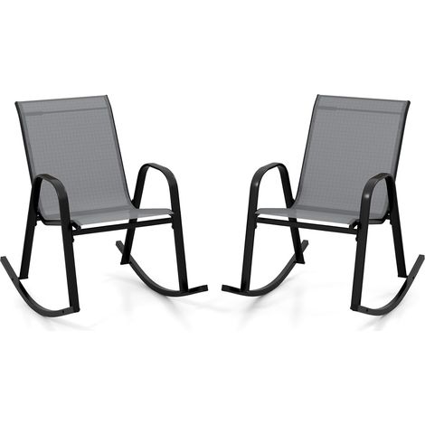 GOPLUS Lot de 2 Fauteuils à Bascule en Textilène, Chaises à Bascule avec Dossier Incurvé et Accoudoirs Confortables, Chaises Berçantes d’Extérieur, Capacité de 150 KG, pour Jardin, Balcon, Gris (1/5)