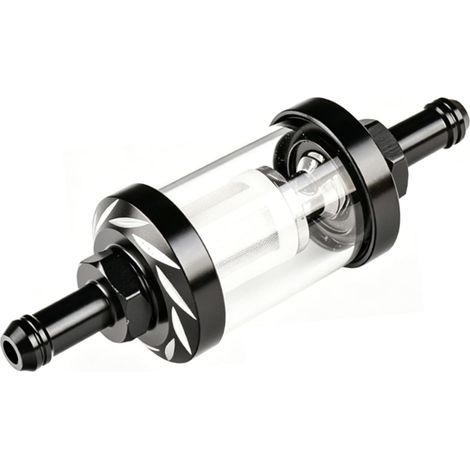 Filtre a Essence Moto, Filtre à Essence Réutilisable à Corps Transparent, Embouts Aluminium CNC Raccord 7mm Adaptable Moto, Scooter, Quad, Mobylette, Petit Moteur Thermique (Noir) (1/5)