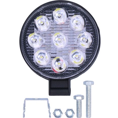 Lampe de travail ronde 27W 9LED 6000K 3000LM étanche IP67 universelle pour auto moto (1/5)