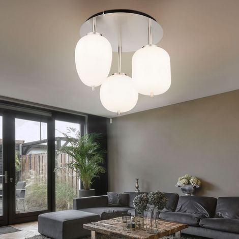 Deckenlampe Deckenleuchte Wohnzimmerlampe Schlafzimmerleuchte, 3 Flammig, Metall Nickel matt Glas opal, 4W 320Lm warmweiß, DxH 46x36cm