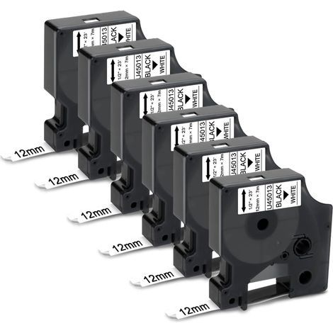 6x Ruban pour Étiqueteuse Compatible pour Dymo D1 45013 S0720530 45013s Rubans d'étiquettes pour Dymo LabelManager 160 100 150 120P 200 280 220P , 12mm x 7m(Noir sur Blanc) (1/5)