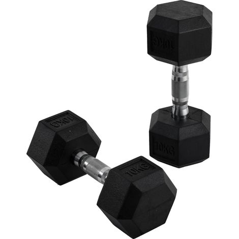 Lot de 2 haltères hexagonales de 10 kg en métal et caoutchouc pour vos entraînements en salle de sport, à domicile ou au bureau, noires. (1/5)