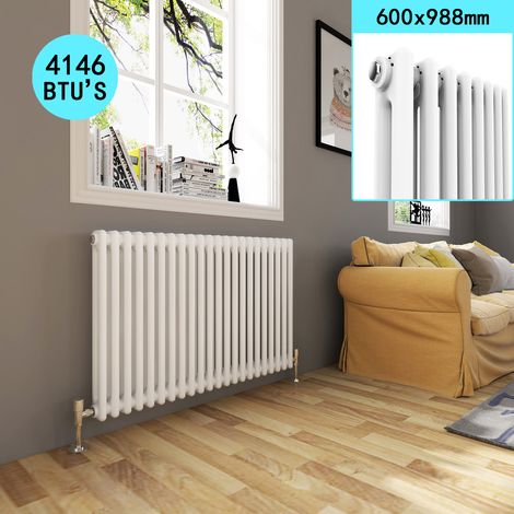 ELEGANT Horizontal Radiators Double Panel with Valves 600 x 988 mm for Bathroom  Kitchen  Living Room, White 2 Column Traditional Cast Iron Radiator with Valves (1/6)