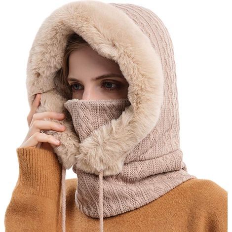 Cagoule chaude pour femme, coloris beige, bonnet de ski et cyclisme (1/3)