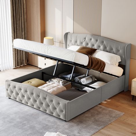 Letto contenitore imbottito 160x200cm, Letto matrimoniale con testiera imbottita con decoro a rombi, rete a doghe, contenitore, giroletto, Letto per adulti in velluto - Grigio (1/5)