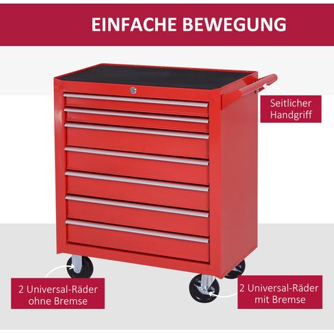 Chariot d'atelier à roulettes, meuble d'établi mobile 7 tiroirs, armoire à outils verrouillable avec frein de stationnement, diable porteur, charge max 150 kg, acier rouge. (1/5)