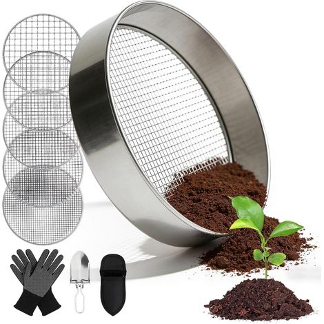 1 - Tamis Jardin - Acier Inoxydable - 5 Mailles Interchangeables Pour Compost Et Terre - Avec Pelle Et Gants - Argent - 20cm (1/5)