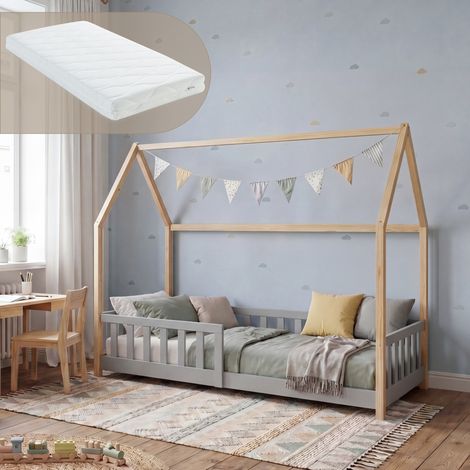 Hausbett Hesel mit Matratze und Rausfallschutz 90x200 cm Grau/Natur [en.casa] (1/5)