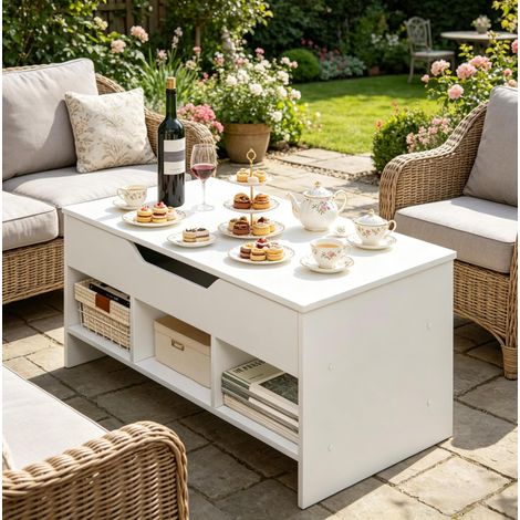 Mesa de centro elevable 96x45x51 cm blanca de madera y metal con almacenamiento (1/5)