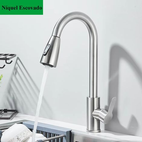 Robinet de cuisine avec douchette extractible, mitigeur eau chaude/eau froide à poser, robinet de cuisine à douchette extractible (nickel) (1/5)