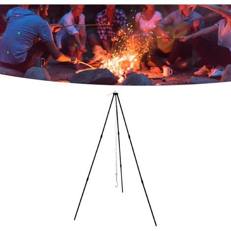 Trépied de Camping Pliable en Aluminium Noir avec Chaîne et Sac, Idéal pour Cuisiner en Plein Air (1/5)