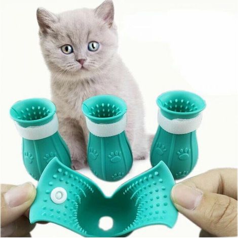 4er-Pack Katzenpfoten-Kratzstiefel, weiche Silikon-Badefußabdeckungen, verstellbare Katzenkrallenschutzschuhe für das Baden zu Hause (blau) FLITI
