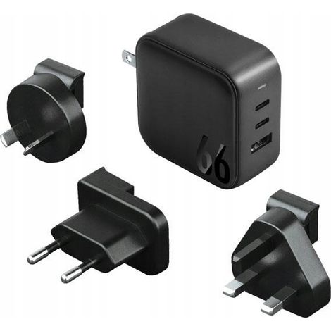 Caricabatterie da rete ENERGEA 1xUSB+2xUSB-CPD-PPS-QC 3.0 66W 2C1A nero/nero US+EU Travelite GAN66 (1/5)