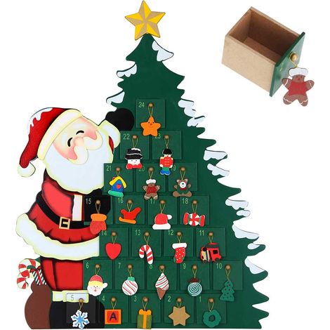 Calendario Avvento Babbo Natale con Albero in Legno 24 Cassetti e Decorazioni (1/5)