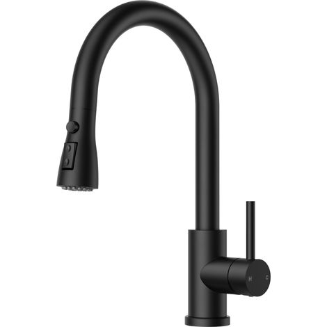 Robinet Cuisine Douchette, Mitigeur Cuisine extractible, 3 modes de jet, Robinet evier de cuisine en acier inoxydable à levier unique, Rotation 360°, Robinetterie à haute pression, Noir Mat (1/5)