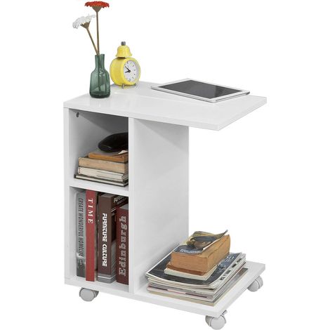 Sobuy – Bout de canapé FBT48W – Table d’appoint moderne roulante – 2 étagères de rangement – Bois MDF blanc – Dimensions L45xH58xP35cm (1/9)