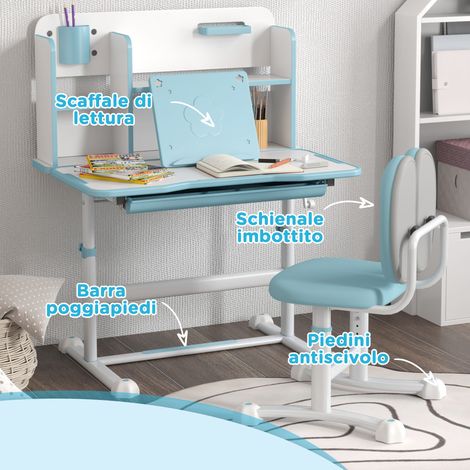 Bureau enfant bleu réglable avec chaise inclinable, pupitre avec tiroir et étagère, ensemble étude ajustable (1/5)