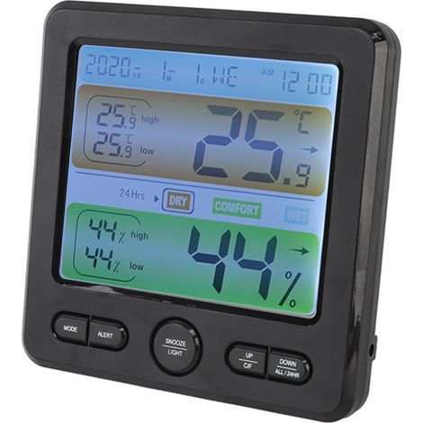 Thermomètre d'intérieur numérique couleur avec alarme, moniteur de température et d'humidité, réveil de chevet noir (1/5)