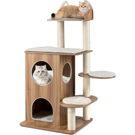 COSTWAY Albero per Gatti in Legno, Condo 2 Piani, Graffiatrice Sisal, 3 Piattaforme Cuscini (1/5)