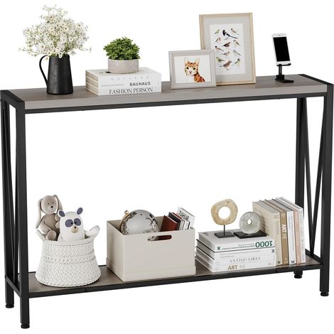 Console gris 2 niveaux étroite table d’appoint entrée couloir salon 110×25×76 cm (1/5)
