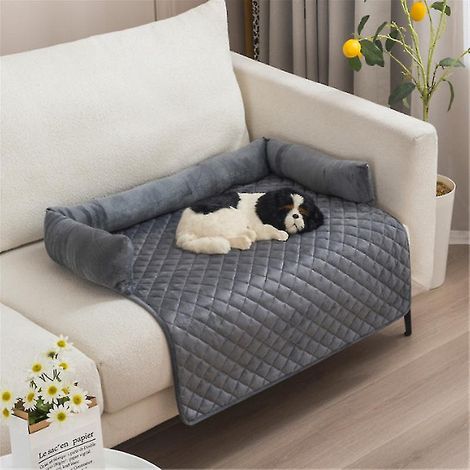 Samt-Haustiersofa (mittelgroß), rutschfest und wasserdicht, mit Kissen an 3 Seiten, Sofaschutz und Möbelabdeckung für Hunde und Katzen – 90 x 90 cm – Dunkelgrau