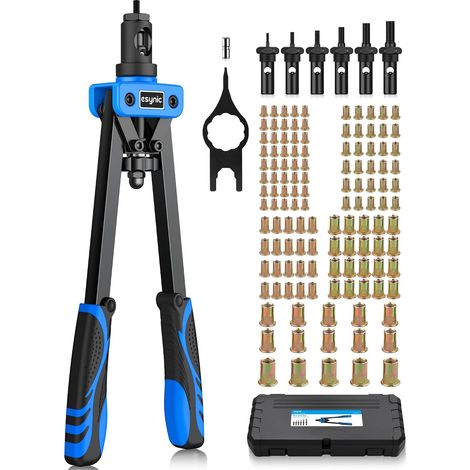 14" Riveteuse Manuelle avec 6pcs Mandrins Métriques M3 M4 M5 M6 M8 M10 125pcs Écrous Pince à Insert Fileté avec Étui de Transport Économiser Effort Kit de Pince à Rivet Insert - Bleu (1/5)