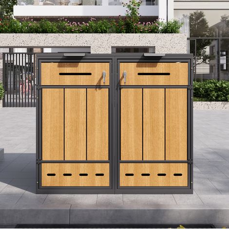Armario para cubos de basura 132x84.5x118 cm con dos compartimentos, tapa abatible, puerta frontal, acero gris y efecto madera (1/5)