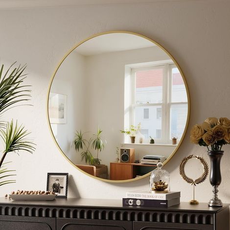 Koonmi Miroir Mural Rond Grand Format 106 Cm - Or - À Suspendre - Verre Trempé - Salle De Bain