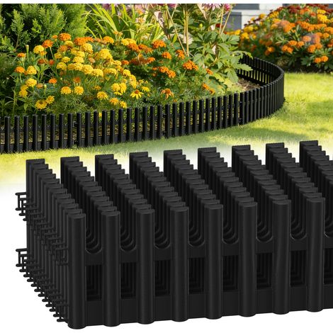 Randaco Beeteinfassung 5,2m – 12er Set 43x13cm Beetumrandung aus flexiblem Kunststoff – Rasenkante Palisade Zierzaun – schwarz inkl. 24 Erdankern (20cm)