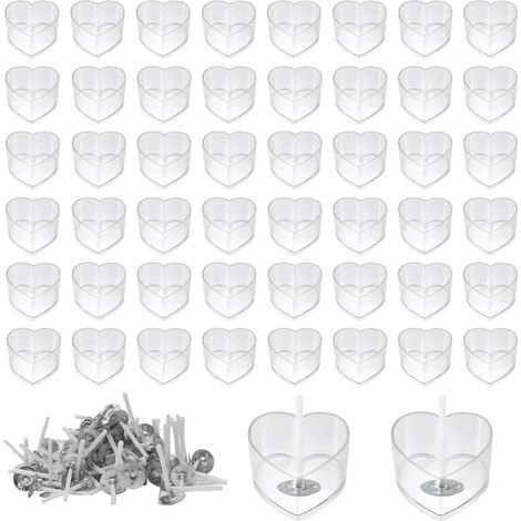 50 Pièces Contenant pour Bougie Chauffe Plat, Pot Bougie Vide avec 100 Pièces Mèches Bougies Porte Bougies pour Mariages Dîners Kit Bougies a Faire Soi Meme 18 x 38 mm, Forme de Coeur (1/5)
