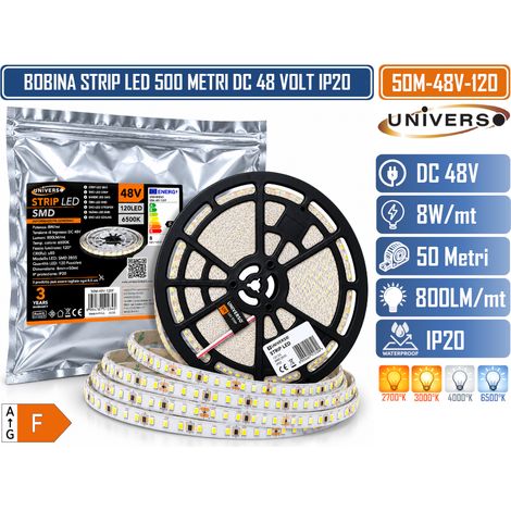 UNIVERSO 50M-48V-120 STRIP LED  48V DC 50 METRI 8W/M 120 LED/M SMD 2835 IP20 – 6500K IP20 (1/5)