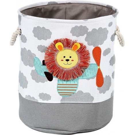 Panier à jouets pour chambre d'enfant - Lion mignon - Sac de rangement - Panier à linge - Blanc - Gris (1/5)