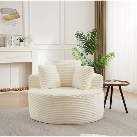 Runder Einzelsessel aus beigefarbenem Cord, 110 cm, mit 3 Kissen (1/5)