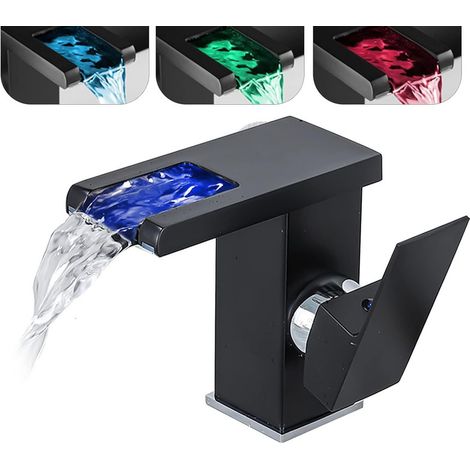 Robinet Cascade LED Lumineux à Changement de Couleur pour Lavabo de Salle de Bain, Cuivre, Trois Couleurs Différentes, Poignée Unique (Noir) (1/5)