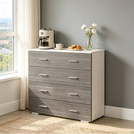 OKWISH Cassettiera con 4 cassetti in truciolare bianco grigio 76 x 35 x 72 cm (1/5)