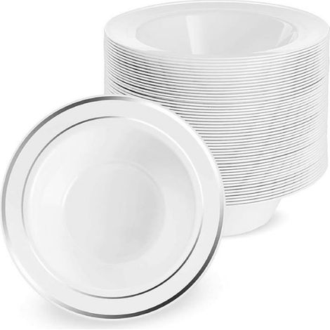 Lot de 25 Bols en Plastique Blanc 360ml  Bordure Argentée, Bols à Soupe/Assiettes Creuses, Réutilisables, Fêtes ASSIETTE (1/5)